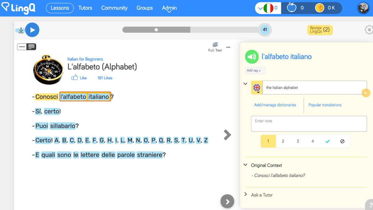 Learn the Italian Alphabet and Additional Italian words on LingQ