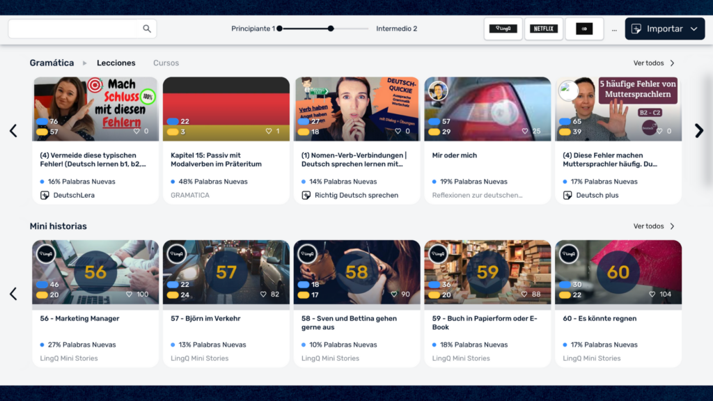 A preview of LingQ's German library, filled with short stories, YouTube videos, books, and movies!
