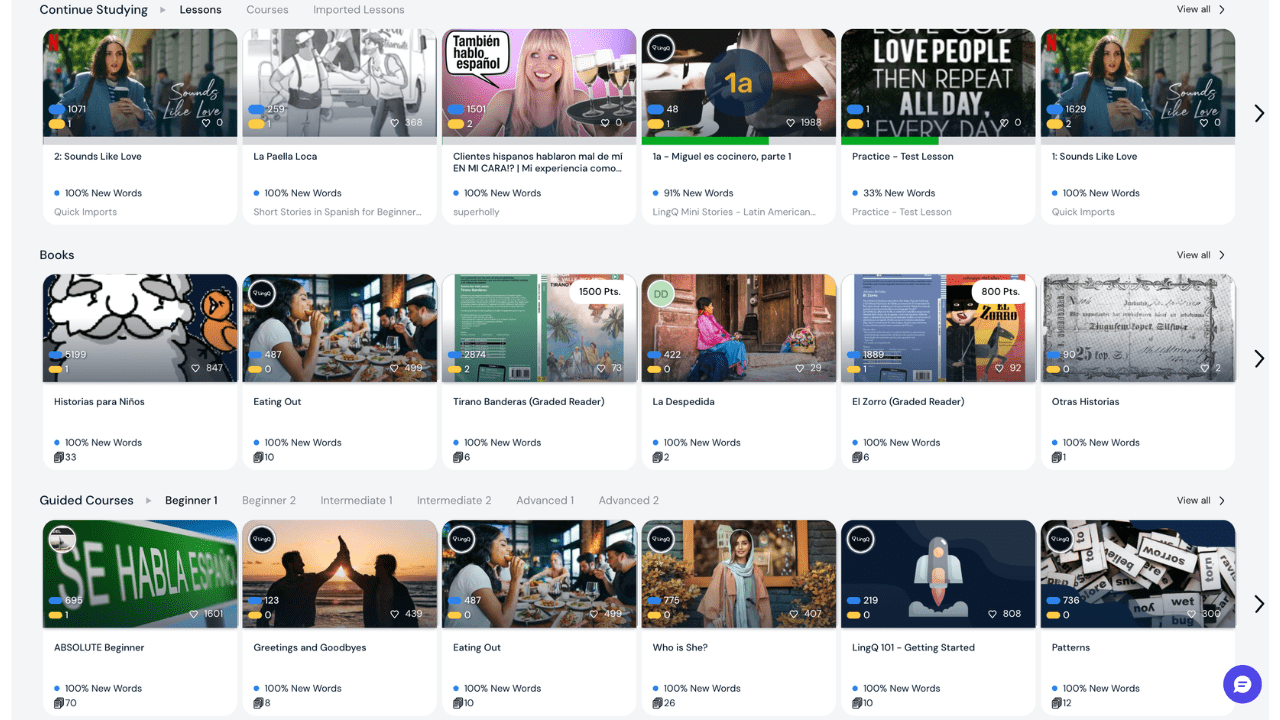 LingQ library interface with Spanish lesson thumbnails organised into Continue Studying, Books, and Guided Courses sections
