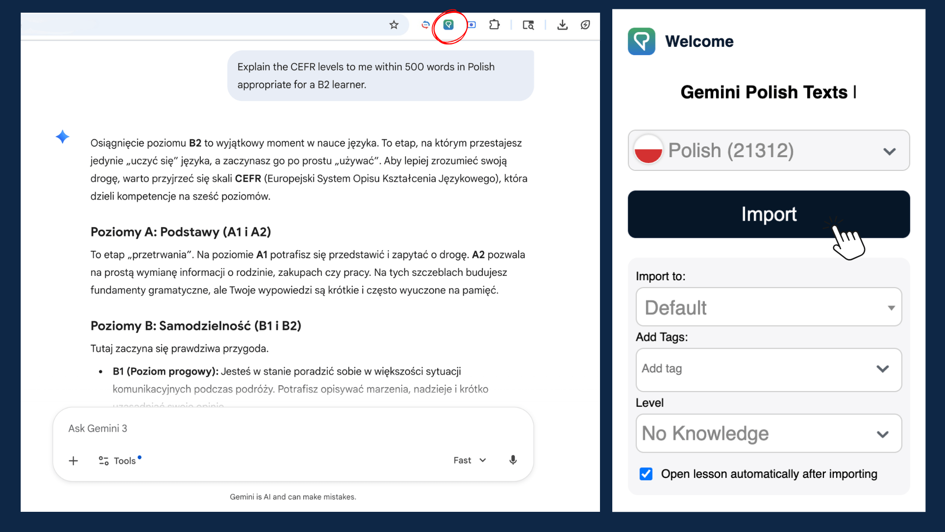 LingQ browser extension importing a Polish web article