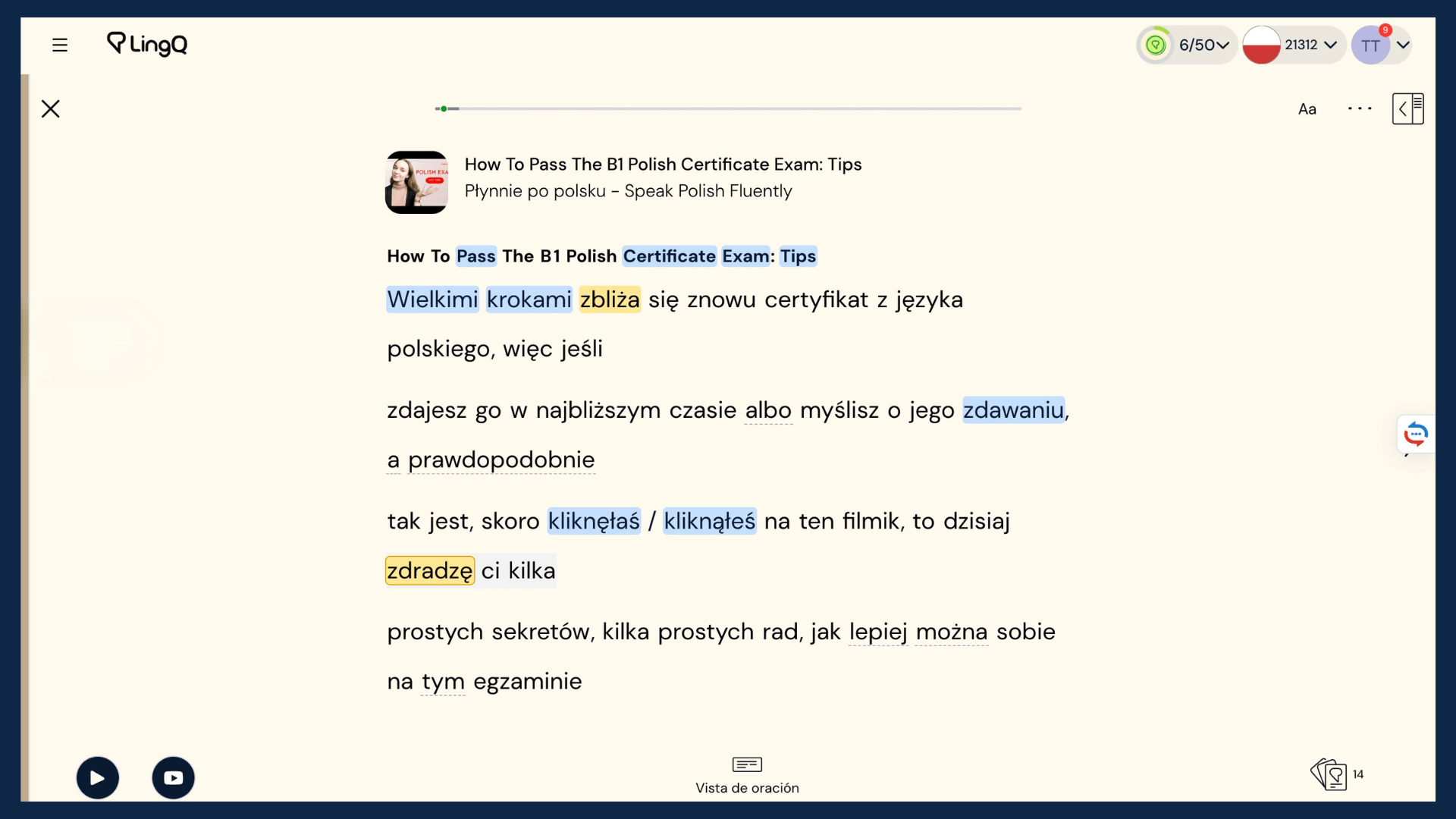 LingQ Polish reader showing unknown words highlighted in blue
