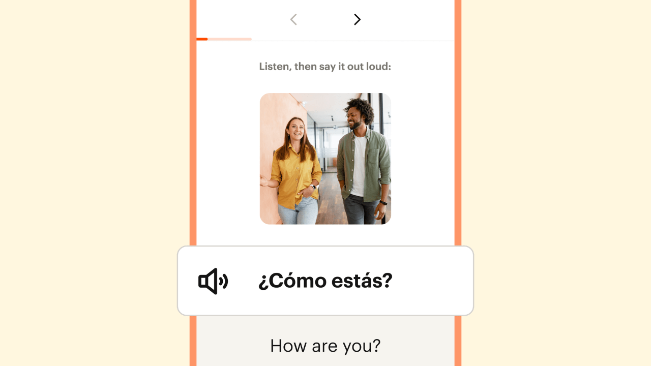Babbel speaking exercise 'Listen, then say it out loud' with the Spanish phrase '¿Cómo estás?'