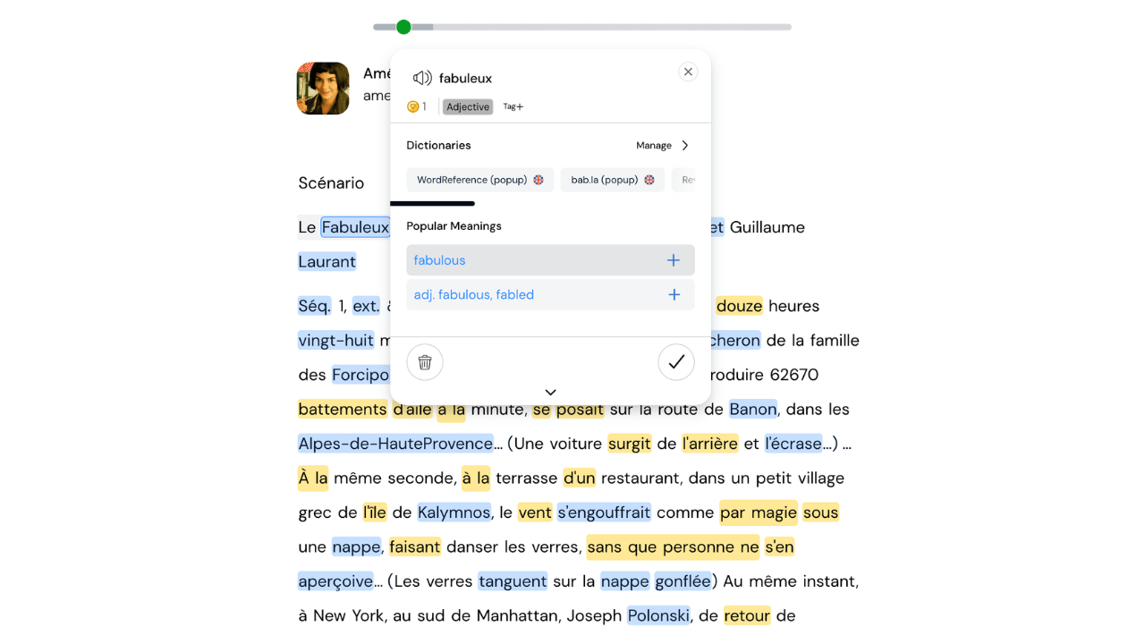 Translating words and phrases in Amélie French lesson on LingQ.