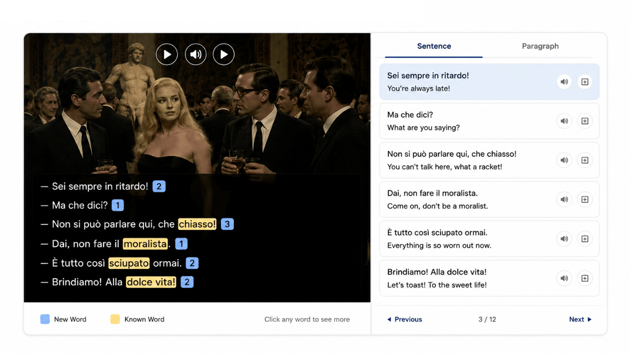 La Dolce Vita Italian lesson on LingQ with phrase translations.
