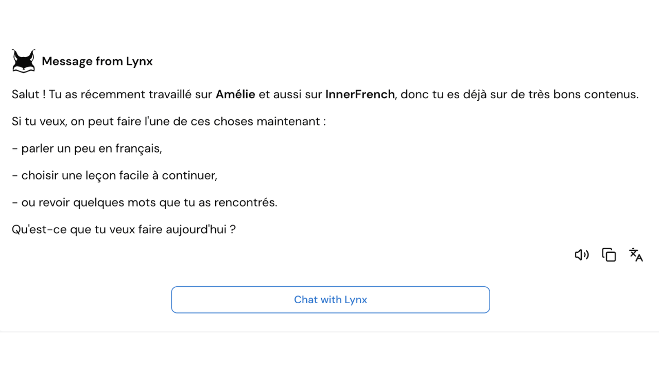 LingQ's Lynx AI offers suggestions that are directly relevant to your French session.
