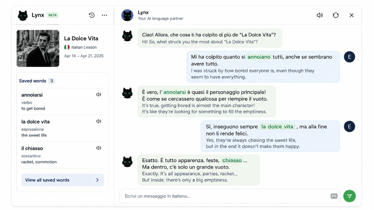 Speaking with Lynx AI in Italian on LingQ.
