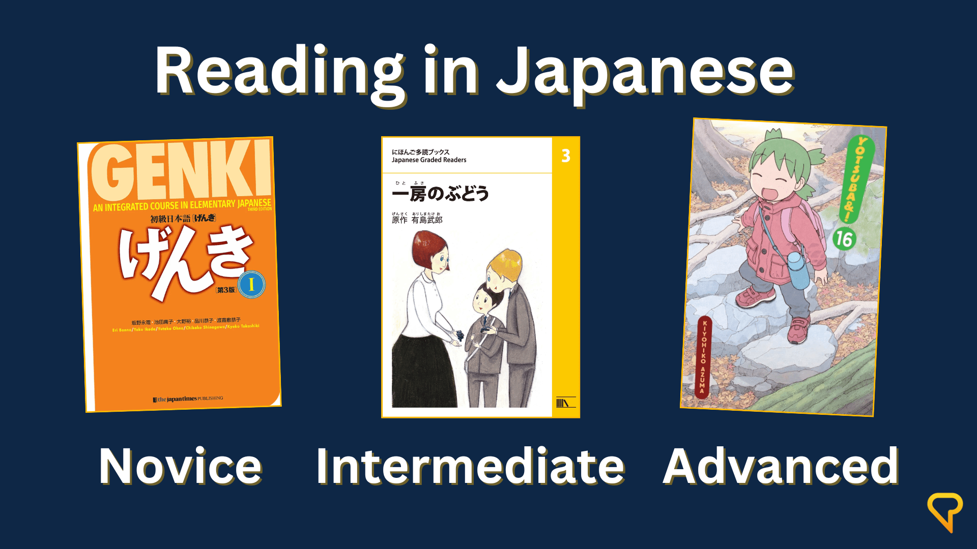 Japanese language learning books organized by type showing textbook graded reader and manga