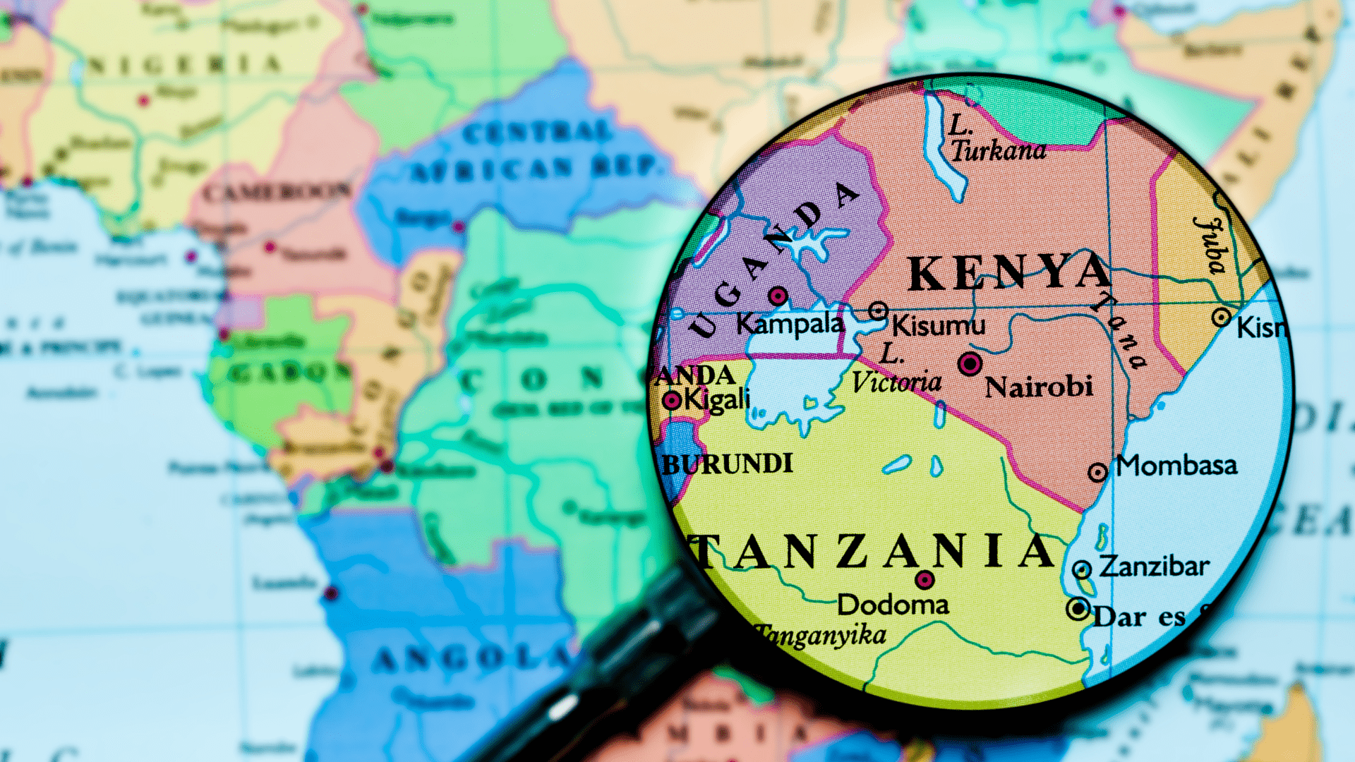 Map showing countries where Swahili is an official or widely spoken language in East Africa