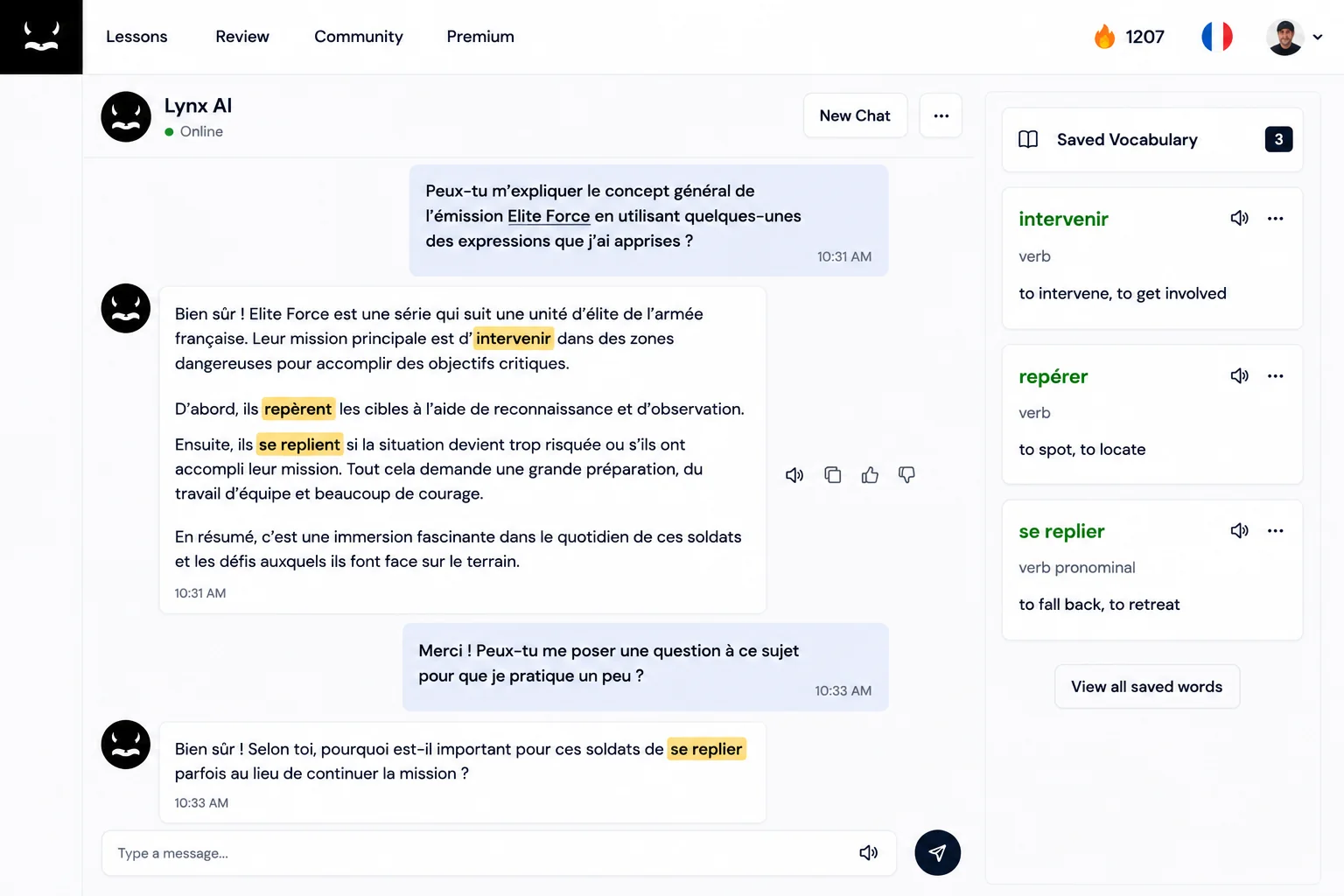 Lynx AI chat on LingQ in French