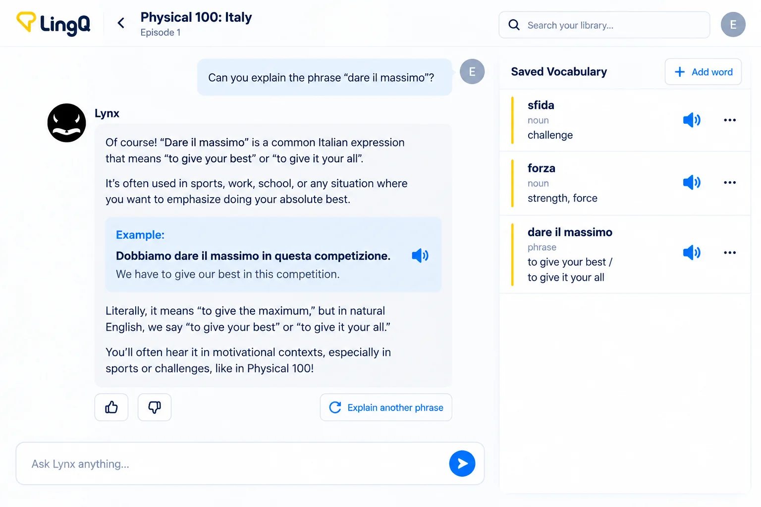 Chatting with Lynx AI about Italian on LingQ