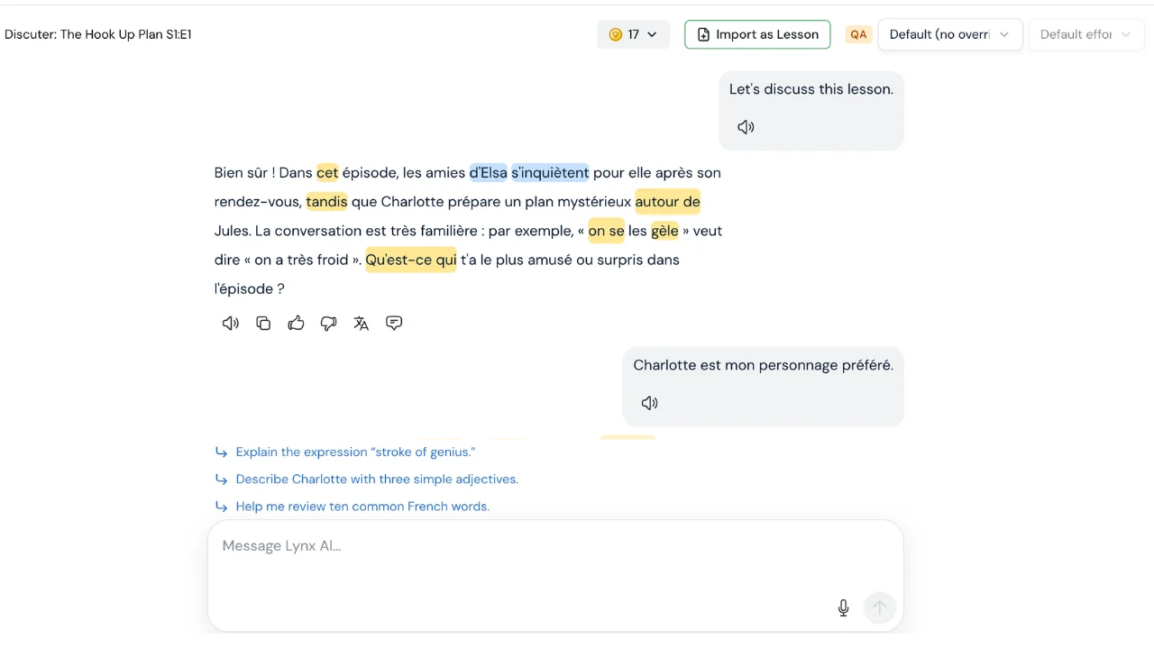 Discussing a French TV show with Lynx AI on LingQ