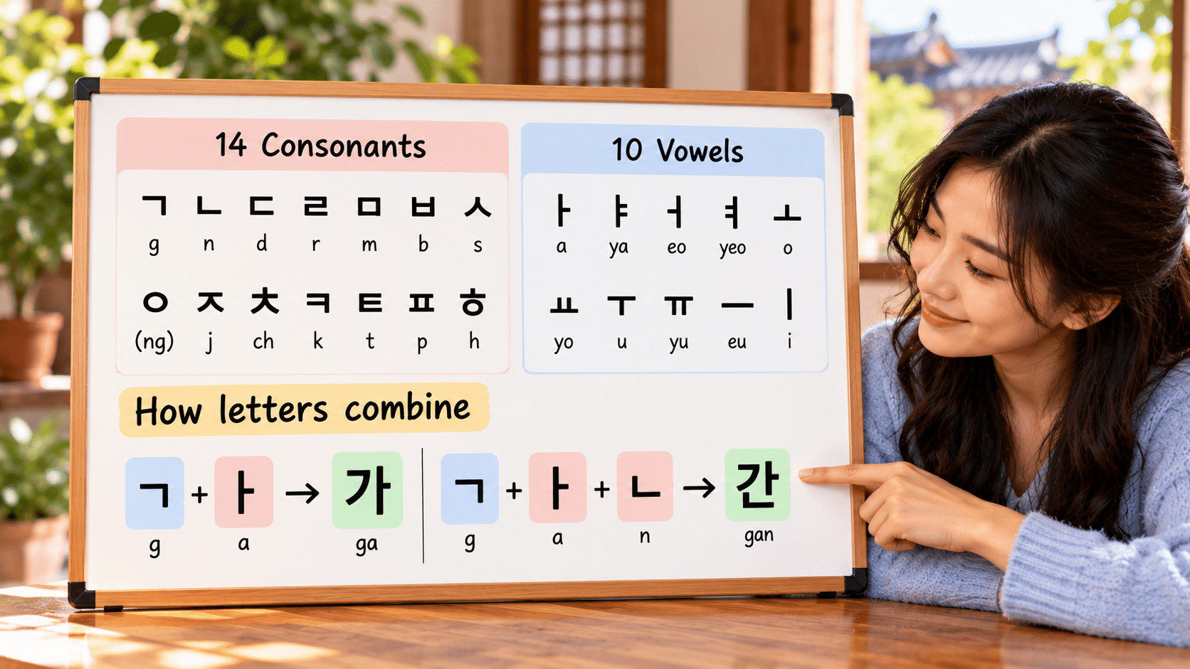 Girl showing hangul on whiteboard